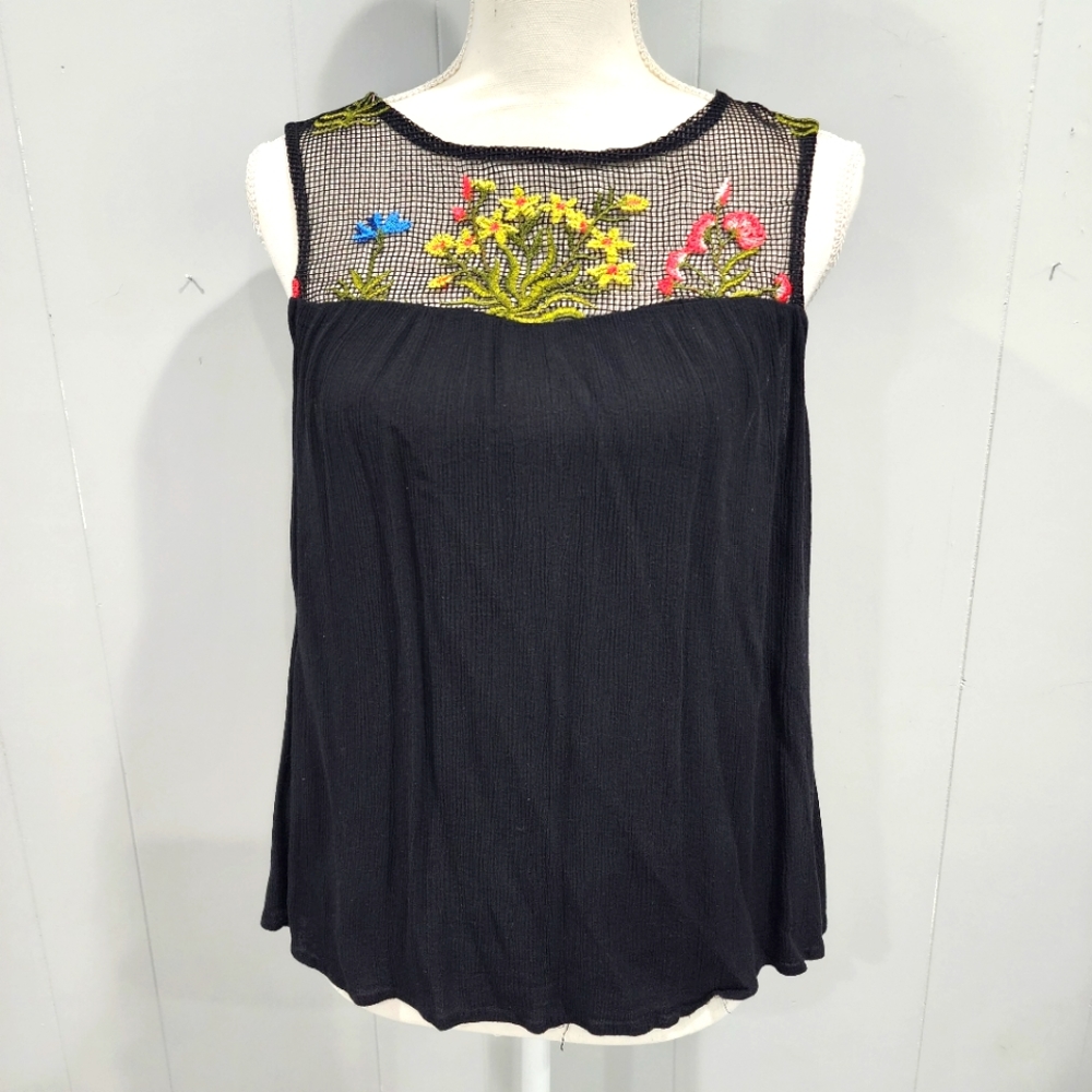 BLUE RAIN  Floral Embroidered Boho Black Tunic Top M